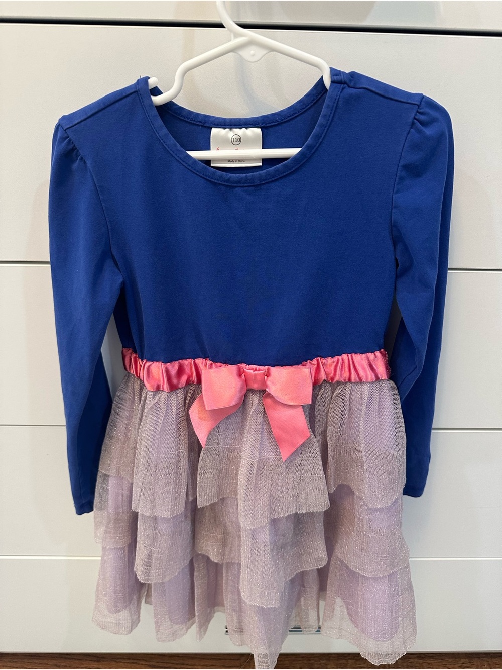 Hanna Andersson Girls Royal Blue Long-Sleeve Tulle Dress with Pink Bow Size 5!